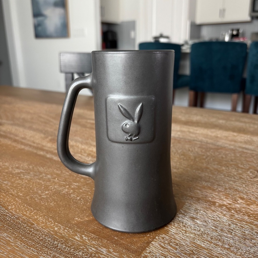 VTG Playboy Club Black Matte on Glass Beer Mug Stein Embossed Bunny Logo 6 1/2"